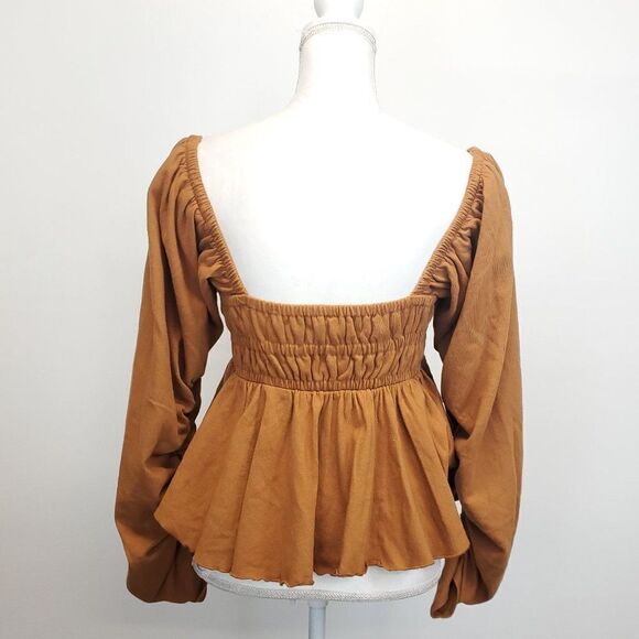 Free People Gigi Long Sleeve Square Neck Smocked Peplum Boho Top - Picture 5 of 13